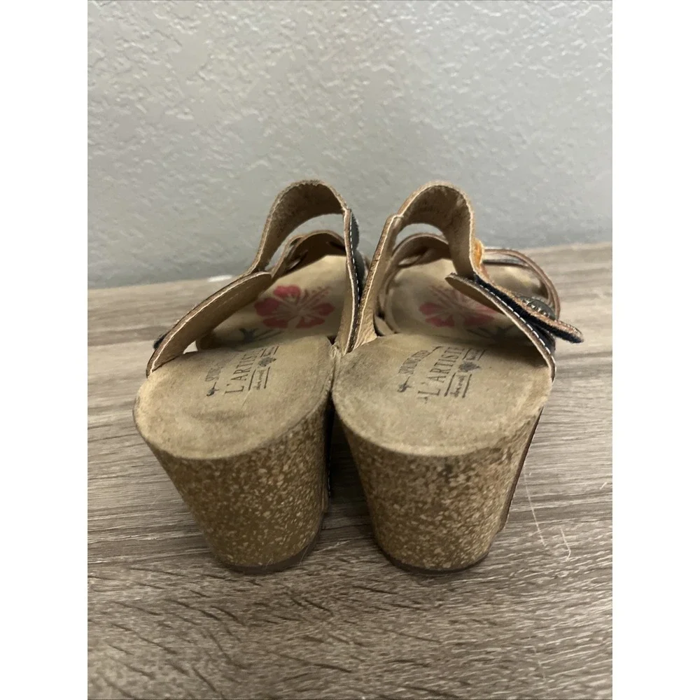 Spring Step LArtiste Sandals Womens 40 Navy Brown Jadora Floral Leather Wedge